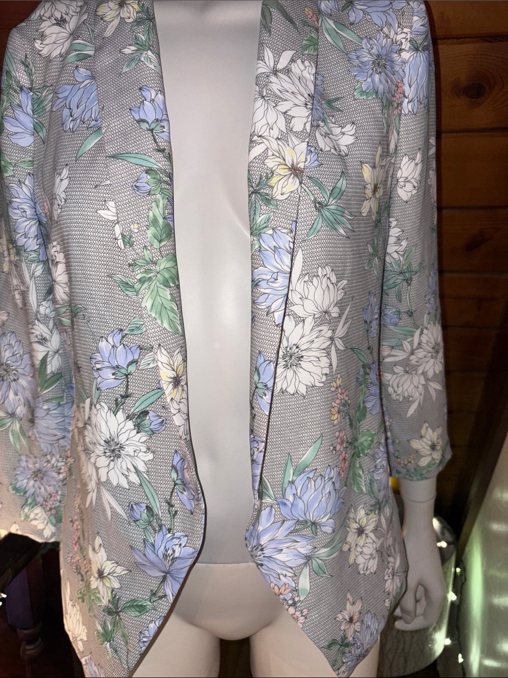 H&M Gray Floral Open Front Drape Blazer Jacket Pastel Shabby Chic Coquette - 6